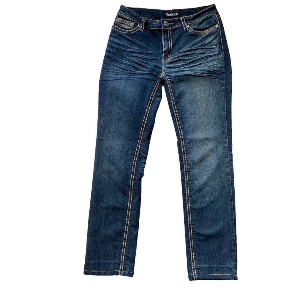 Suko Jeans Womens Mid Rise Straight Blue Denim Size 8 Contrast Stitches flap